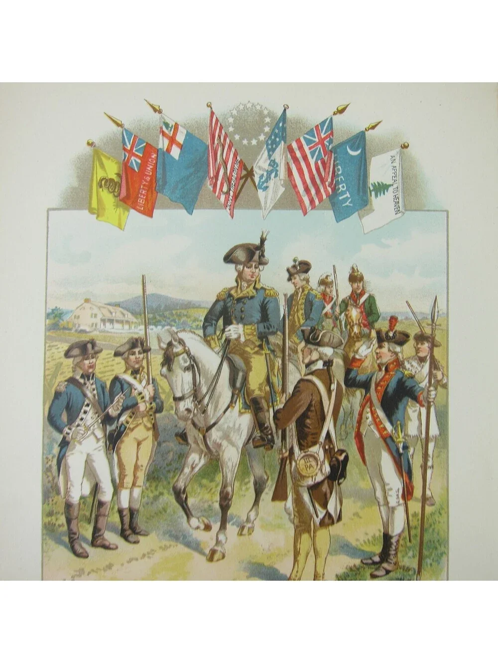 Chromolith Book Plate American Revolutionary War Flags Uniforms Antique 1890s